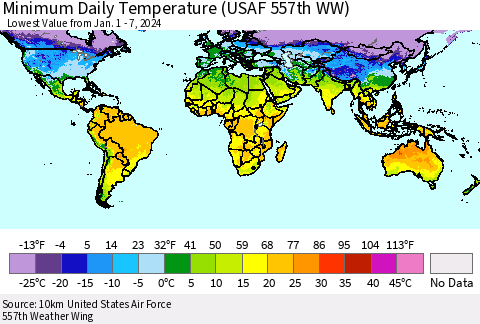 World Minimum Daily Temperature (USAF 557th WW) Thematic Map For 1/1/2024 - 1/7/2024