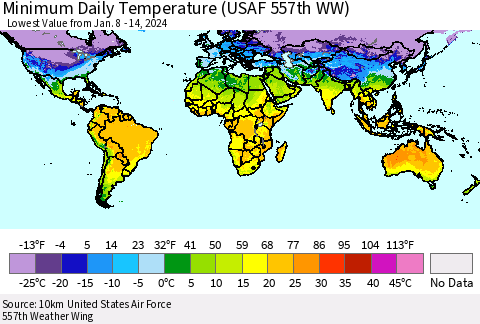 World Minimum Daily Temperature (USAF 557th WW) Thematic Map For 1/8/2024 - 1/14/2024