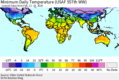 World Minimum Daily Temperature (USAF 557th WW) Thematic Map For 2/12/2024 - 2/18/2024