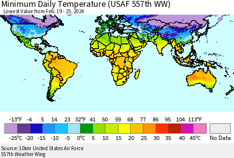 World Minimum Daily Temperature (USAF 557th WW) Thematic Map For 2/19/2024 - 2/25/2024