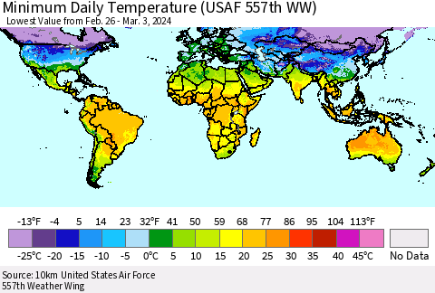 World Minimum Daily Temperature (USAF 557th WW) Thematic Map For 2/26/2024 - 3/3/2024
