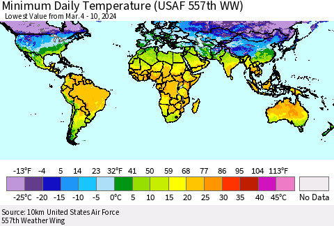 World Minimum Daily Temperature (USAF 557th WW) Thematic Map For 3/4/2024 - 3/10/2024