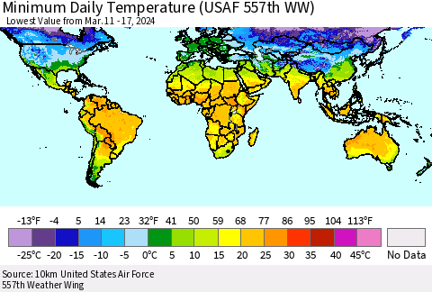 World Minimum Daily Temperature (USAF 557th WW) Thematic Map For 3/11/2024 - 3/17/2024
