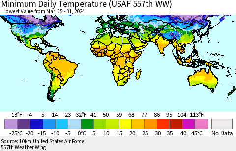 World Minimum Daily Temperature (USAF 557th WW) Thematic Map For 3/25/2024 - 3/31/2024
