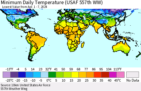World Minimum Daily Temperature (USAF 557th WW) Thematic Map For 4/1/2024 - 4/7/2024