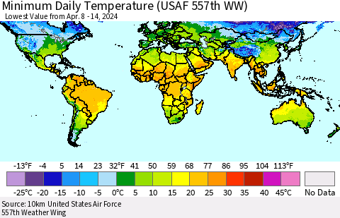 World Minimum Daily Temperature (USAF 557th WW) Thematic Map For 4/8/2024 - 4/14/2024