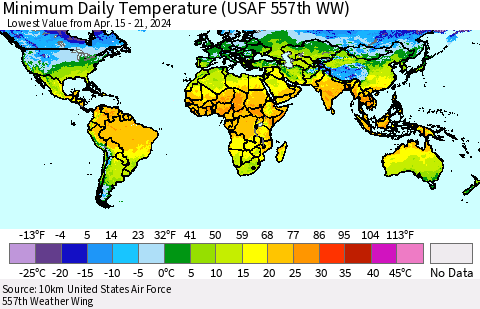 World Minimum Daily Temperature (USAF 557th WW) Thematic Map For 4/15/2024 - 4/21/2024