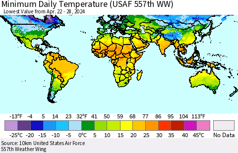 World Minimum Daily Temperature (USAF 557th WW) Thematic Map For 4/22/2024 - 4/28/2024