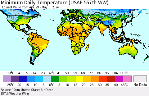 World Minimum Daily Temperature (USAF 557th WW) Thematic Map For 4/29/2024 - 5/5/2024