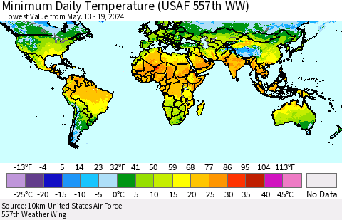 World Minimum Daily Temperature (USAF 557th WW) Thematic Map For 5/13/2024 - 5/19/2024