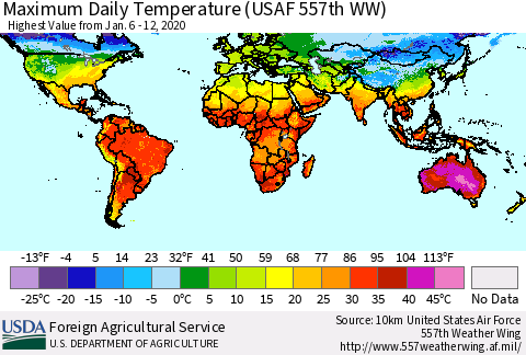 World Maximum Daily Temperature (USAF 557th WW) Thematic Map For 1/6/2020 - 1/12/2020