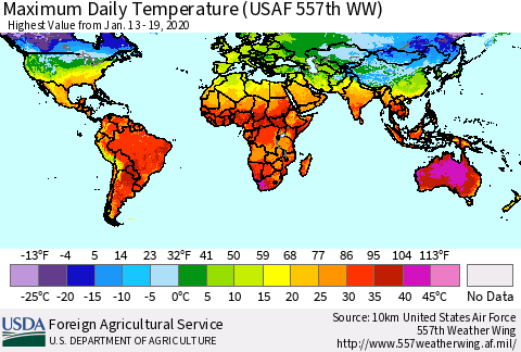 World Maximum Daily Temperature (USAF 557th WW) Thematic Map For 1/13/2020 - 1/19/2020