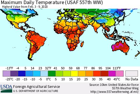 World Maximum Daily Temperature (USAF 557th WW) Thematic Map For 2/3/2020 - 2/9/2020