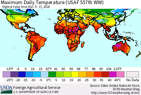 World Maximum Daily Temperature (USAF 557th WW) Thematic Map For 3/9/2020 - 3/15/2020