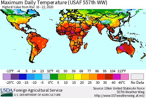 World Maximum Daily Temperature (USAF 557th WW) Thematic Map For 3/16/2020 - 3/22/2020
