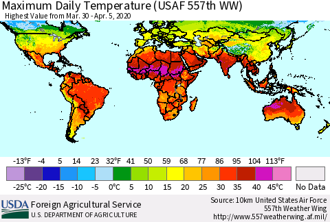 World Maximum Daily Temperature (USAF 557th WW) Thematic Map For 3/30/2020 - 4/5/2020