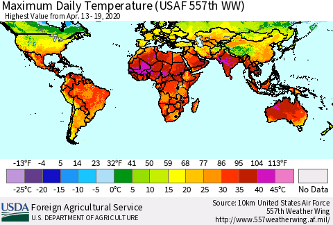 World Maximum Daily Temperature (USAF 557th WW) Thematic Map For 4/13/2020 - 4/19/2020