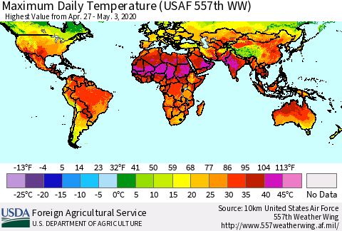 World Maximum Daily Temperature (USAF 557th WW) Thematic Map For 4/27/2020 - 5/3/2020