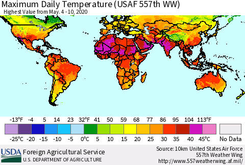 World Maximum Daily Temperature (USAF 557th WW) Thematic Map For 5/4/2020 - 5/10/2020