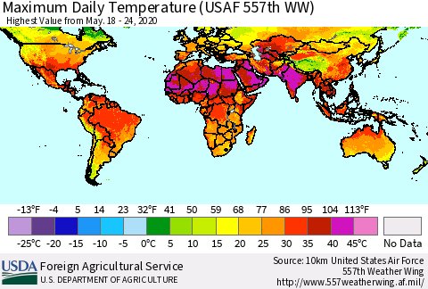 World Maximum Daily Temperature (USAF 557th WW) Thematic Map For 5/18/2020 - 5/24/2020