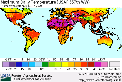 World Maximum Daily Temperature (USAF 557th WW) Thematic Map For 6/1/2020 - 6/7/2020