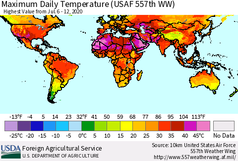World Maximum Daily Temperature (USAF 557th WW) Thematic Map For 7/6/2020 - 7/12/2020