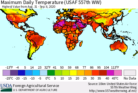 World Maximum Daily Temperature (USAF 557th WW) Thematic Map For 8/31/2020 - 9/6/2020