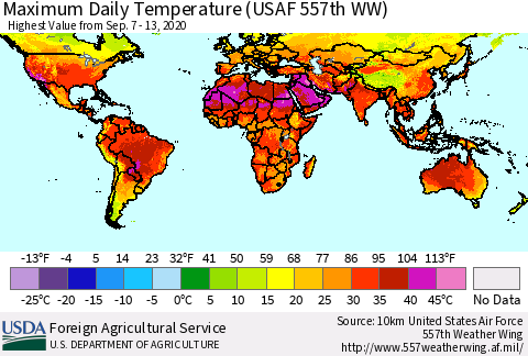 World Maximum Daily Temperature (USAF 557th WW) Thematic Map For 9/7/2020 - 9/13/2020