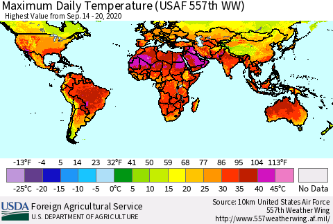 World Maximum Daily Temperature (USAF 557th WW) Thematic Map For 9/14/2020 - 9/20/2020