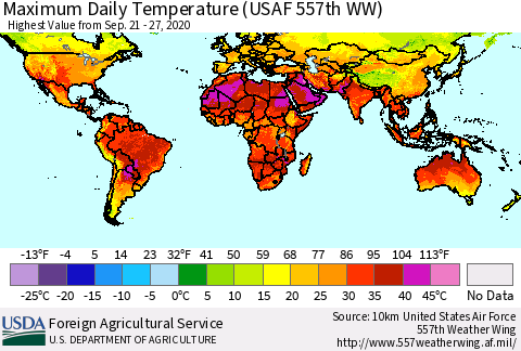 World Maximum Daily Temperature (USAF 557th WW) Thematic Map For 9/21/2020 - 9/27/2020