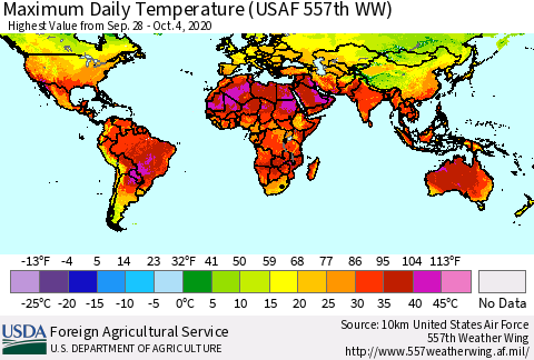 World Maximum Daily Temperature (USAF 557th WW) Thematic Map For 9/28/2020 - 10/4/2020