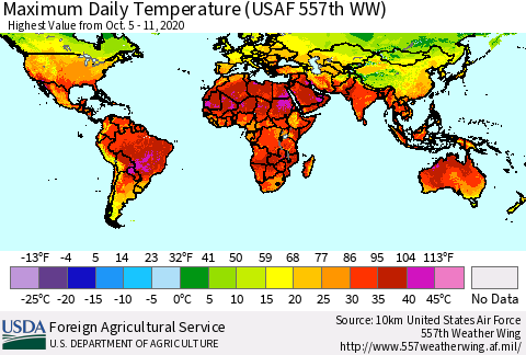 World Maximum Daily Temperature (USAF 557th WW) Thematic Map For 10/5/2020 - 10/11/2020