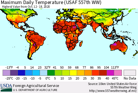 World Maximum Daily Temperature (USAF 557th WW) Thematic Map For 10/12/2020 - 10/18/2020