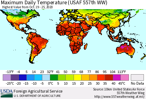 World Maximum Daily Temperature (USAF 557th WW) Thematic Map For 10/19/2020 - 10/25/2020