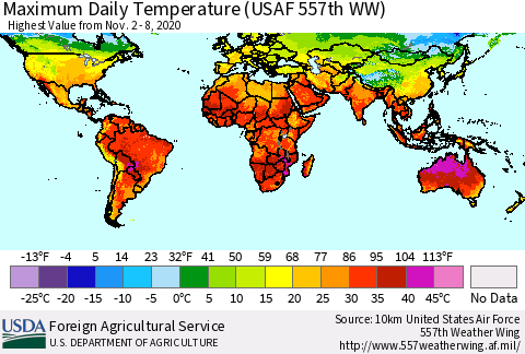 World Maximum Daily Temperature (USAF 557th WW) Thematic Map For 11/2/2020 - 11/8/2020
