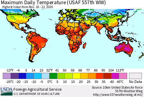World Maximum Daily Temperature (USAF 557th WW) Thematic Map For 11/16/2020 - 11/22/2020