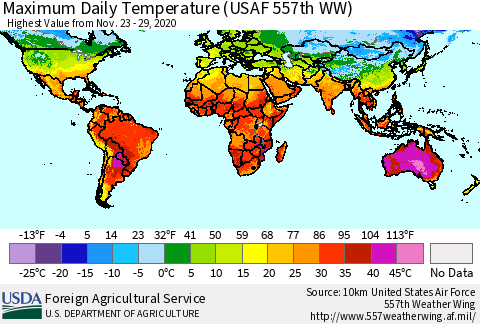 World Maximum Daily Temperature (USAF 557th WW) Thematic Map For 11/23/2020 - 11/29/2020