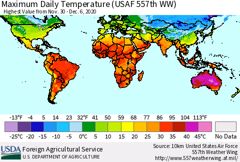 World Maximum Daily Temperature (USAF 557th WW) Thematic Map For 11/30/2020 - 12/6/2020