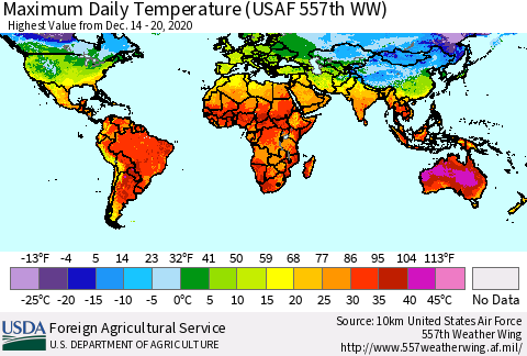 World Maximum Daily Temperature (USAF 557th WW) Thematic Map For 12/14/2020 - 12/20/2020