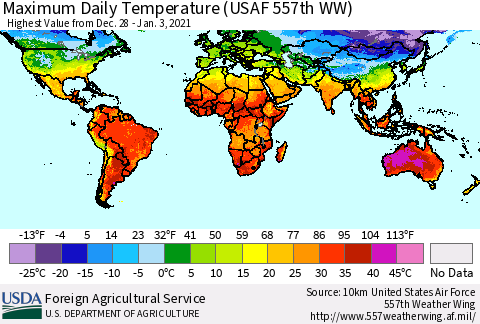 World Maximum Daily Temperature (USAF 557th WW) Thematic Map For 12/28/2020 - 1/3/2021