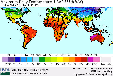 World Maximum Daily Temperature (USAF 557th WW) Thematic Map For 1/4/2021 - 1/10/2021