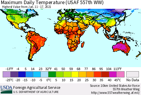 World Maximum Daily Temperature (USAF 557th WW) Thematic Map For 1/11/2021 - 1/17/2021