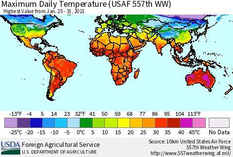 World Maximum Daily Temperature (USAF 557th WW) Thematic Map For 1/25/2021 - 1/31/2021