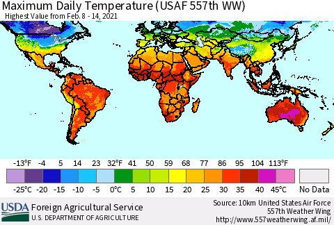 World Maximum Daily Temperature (USAF 557th WW) Thematic Map For 2/8/2021 - 2/14/2021