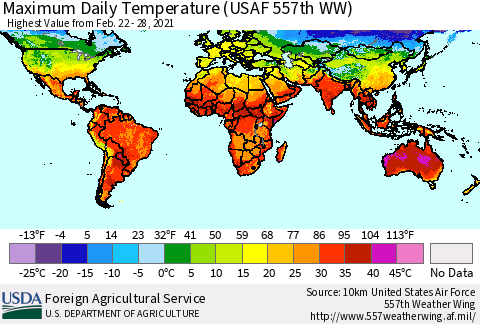 World Maximum Daily Temperature (USAF 557th WW) Thematic Map For 2/22/2021 - 2/28/2021