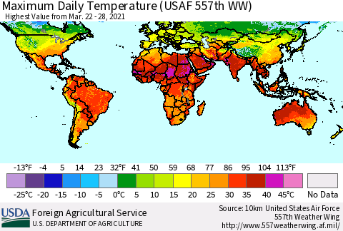 World Maximum Daily Temperature (USAF 557th WW) Thematic Map For 3/22/2021 - 3/28/2021