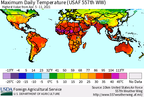 World Maximum Daily Temperature (USAF 557th WW) Thematic Map For 4/5/2021 - 4/11/2021