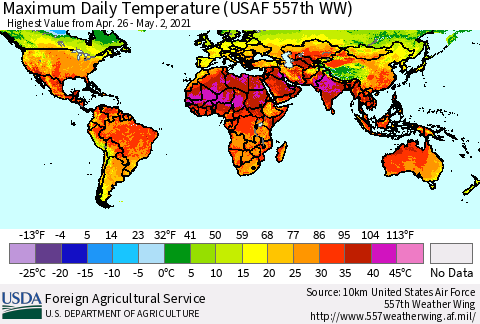 World Maximum Daily Temperature (USAF 557th WW) Thematic Map For 4/26/2021 - 5/2/2021