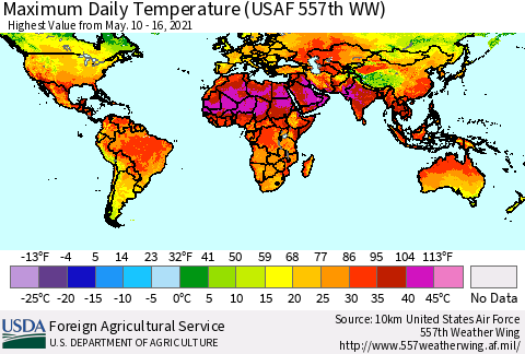 World Maximum Daily Temperature (USAF 557th WW) Thematic Map For 5/10/2021 - 5/16/2021