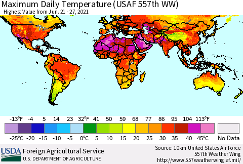 World Maximum Daily Temperature (USAF 557th WW) Thematic Map For 6/21/2021 - 6/27/2021
